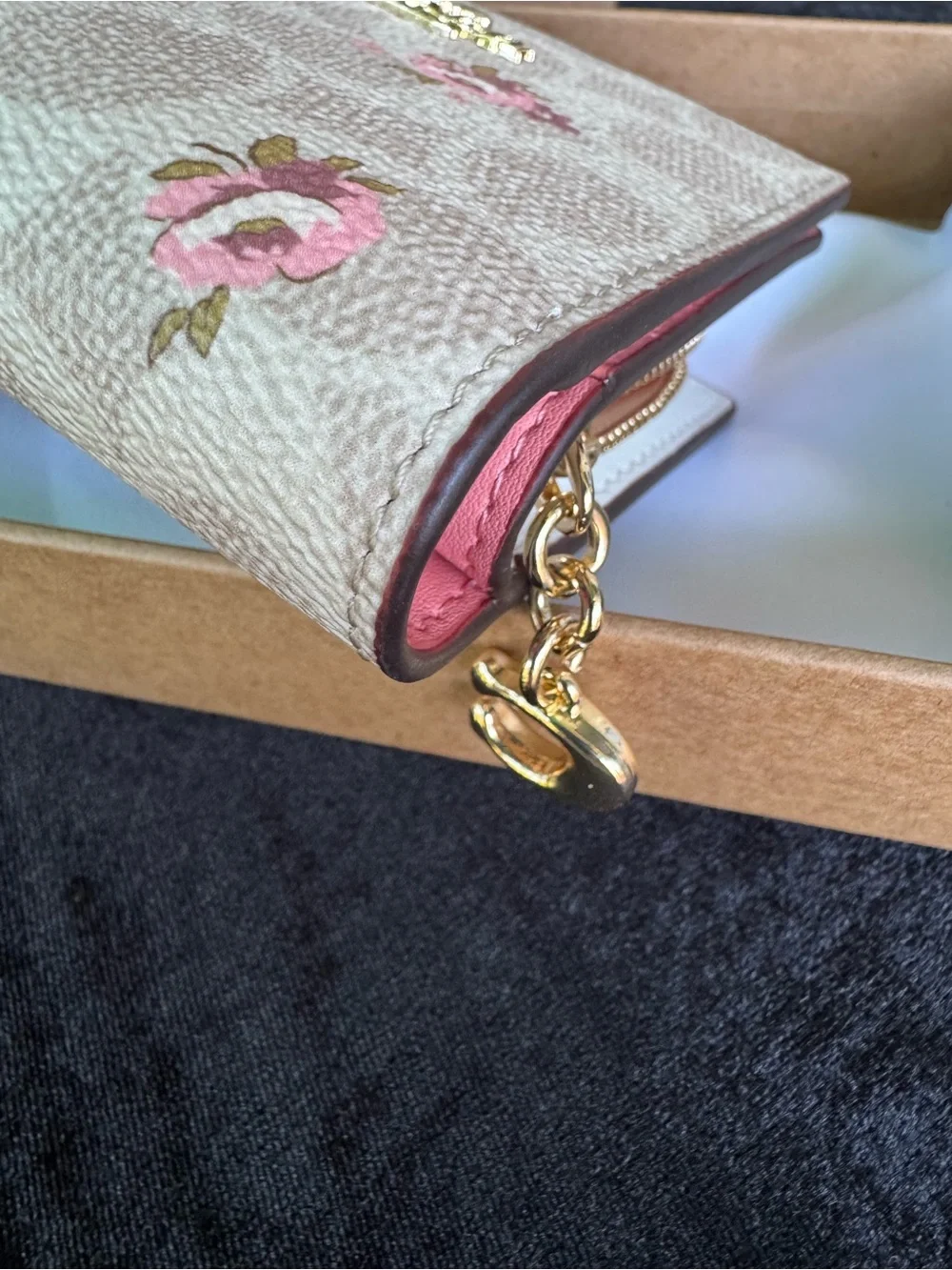 COACH Pink Floral Signature Compact Wallet in Cream